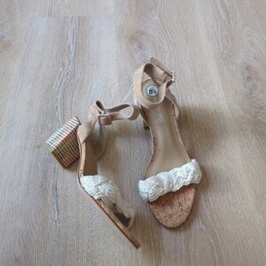 Johnny Was Braided Block Heeled Sandals White Cork Size 8.5 NEW